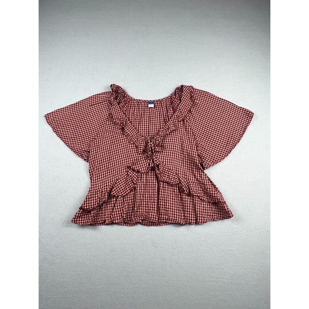 Old Navy Prairie Peplum Boho Womens S Red Plaid Ruffle Blouse Flutter Sleeve
